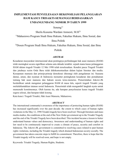 Implementasi Penyelesaian Rekonsiliasi Pelanggaran HAM Kasus Trisakti-Semanggi Berdasarkan UndangUndang Nomor 39 Tahun 1999